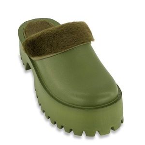 Lug Sole Faux Fur Trim Platform Slide Clogs Clog - Olive size 11